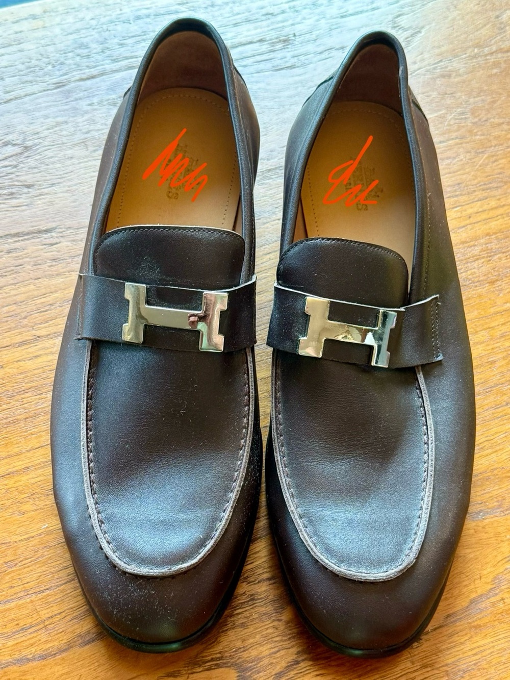 Men's Black Leather Loafers with Silver H Buckle - Size 45/US11